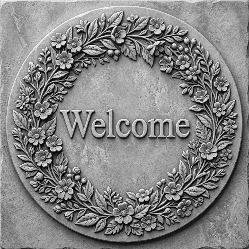 Create a round board with text Welcome in the middle and surrounded by wild flowers and leaves (also round). ADD high contrast reliëf to the complete image.