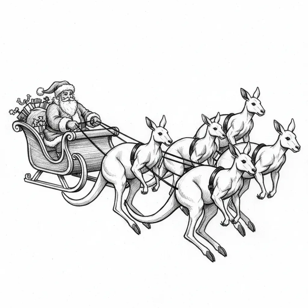 A picture of Santa's sleigh beingpulled by 6 white kangaroos