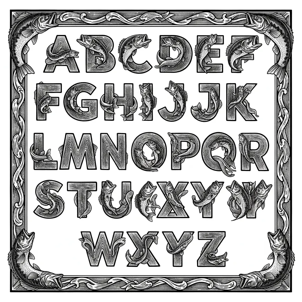 the alphabet with largemouth bass,3d, letters in rockwell font