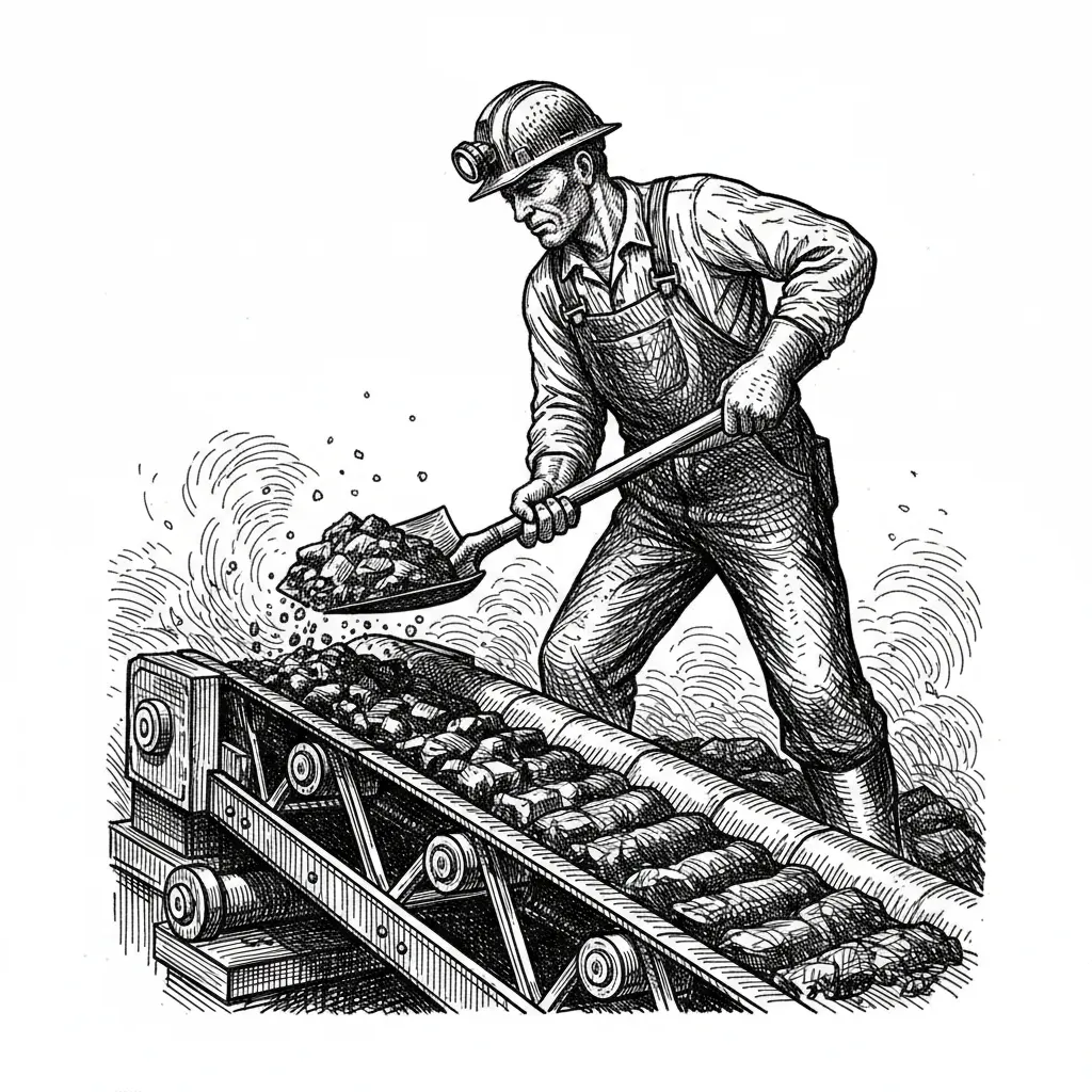 the coal miner shoveling belt below