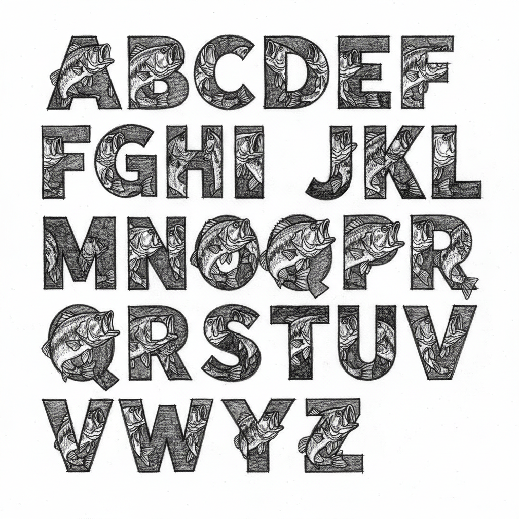 the alphabet with largemouth bass inside letters in rockwell font ...