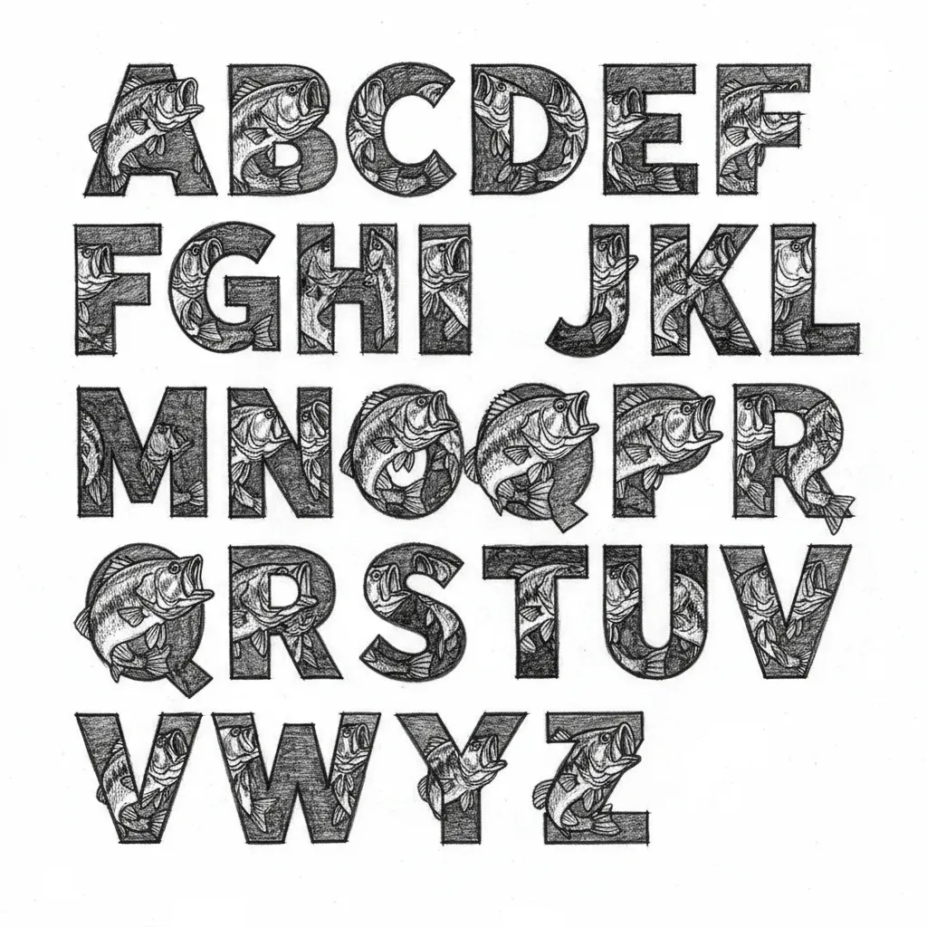 the alphabet with largemouth bass inside letters in rockwell font