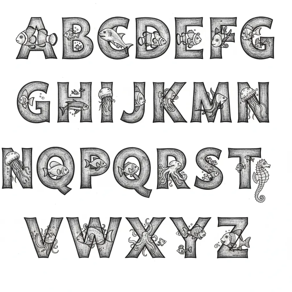 the alphabet with fish inside letters in rockwell font