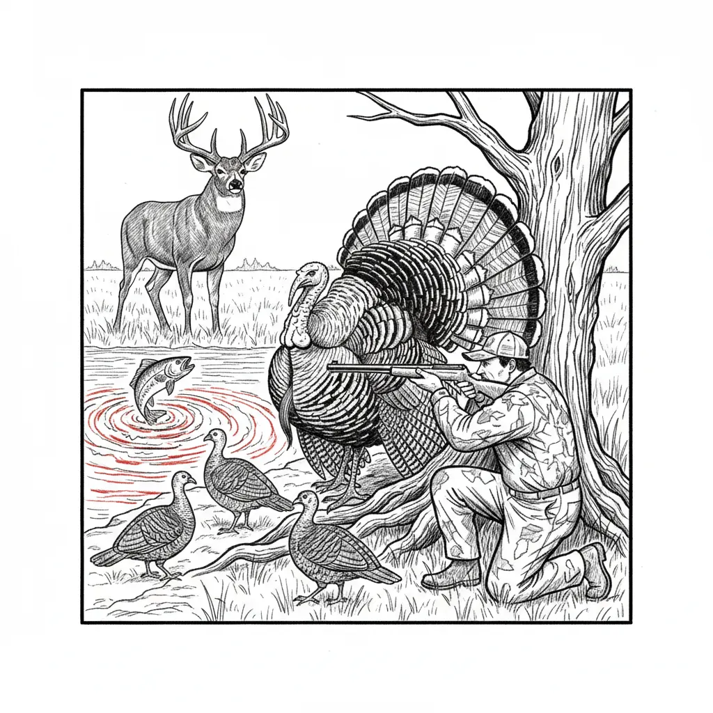 turkey strutting around hens hunter in camo at the base of tree rerady to shoot. huge buck in the field. water with red rum one spot jumping from ater in panoramic scene