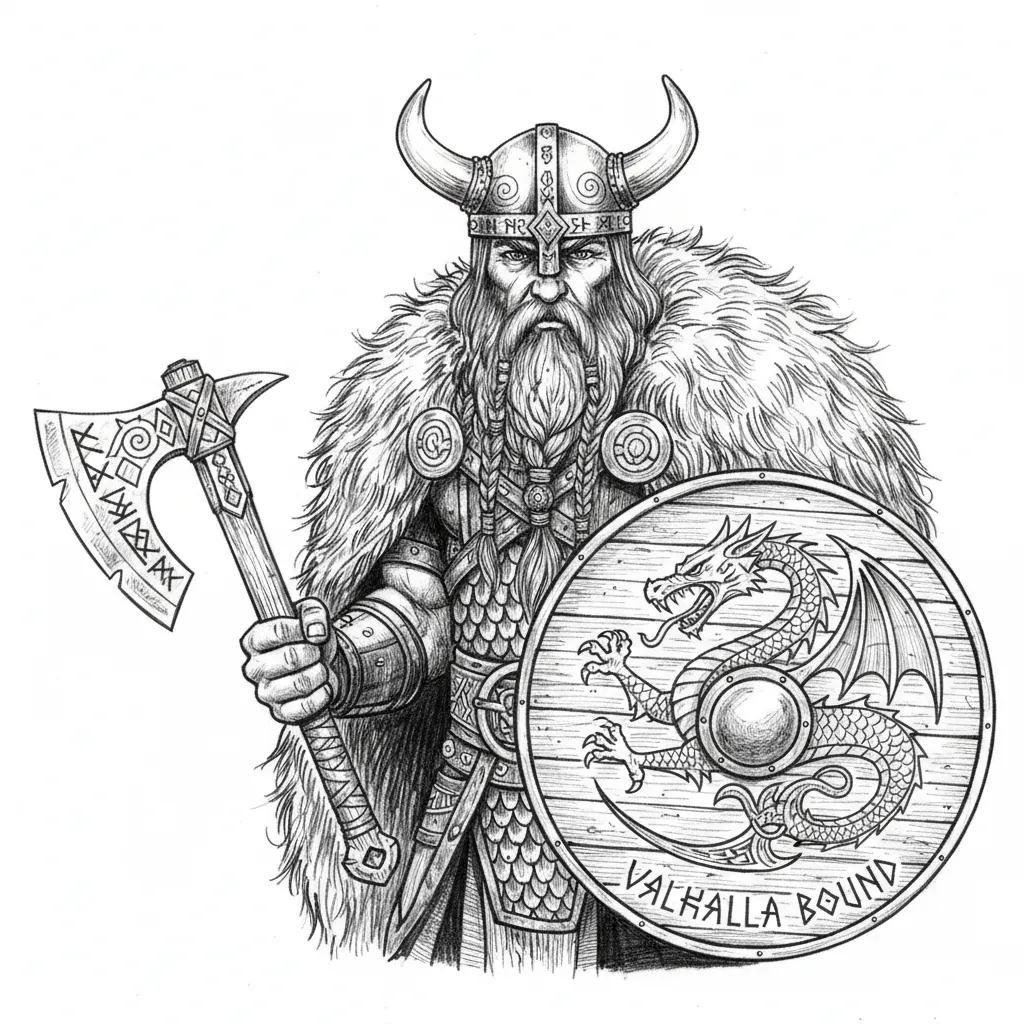Viking warrior with braided beard, horned helmet, battle axe. Norse runes, fur cloak, shield with dragon emblem. "Valhalla Bound" in runic style.
