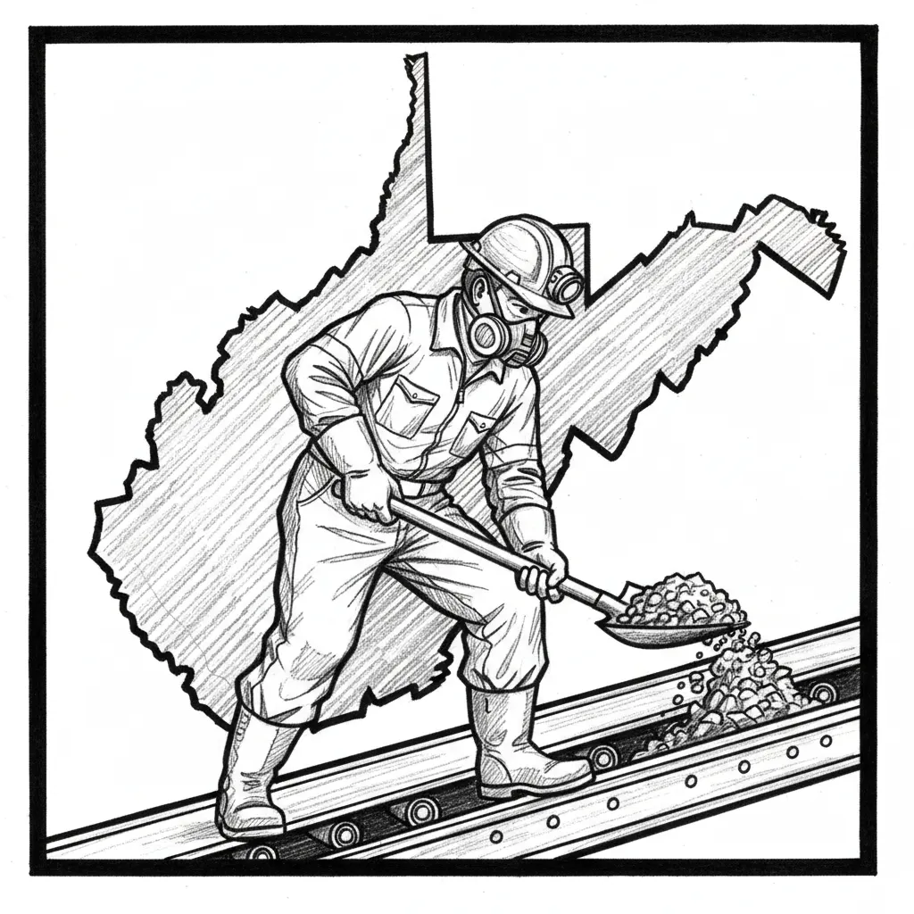 wv coal miner shoveling belt safty gear on inside the outline of wv