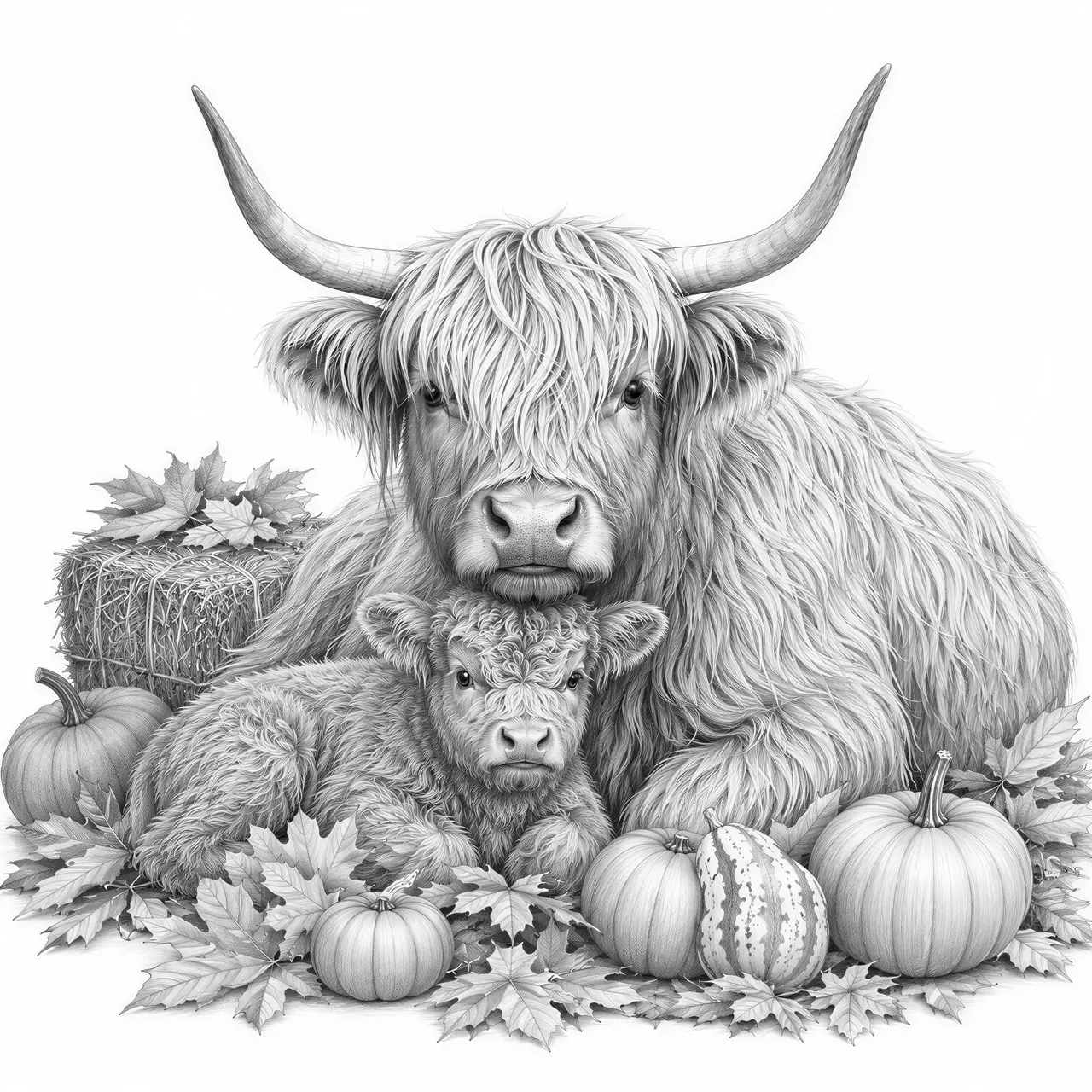 HIGHLAND COE LAYING DOWN WITH ITS BABY SURROUNDED BY FALL DECORATIONS