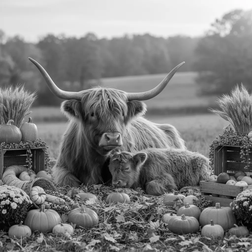 HIGHLAND COW LAYING DOWN WITH ITS BABY SURROUNDED BY FALL DECORATIONS
