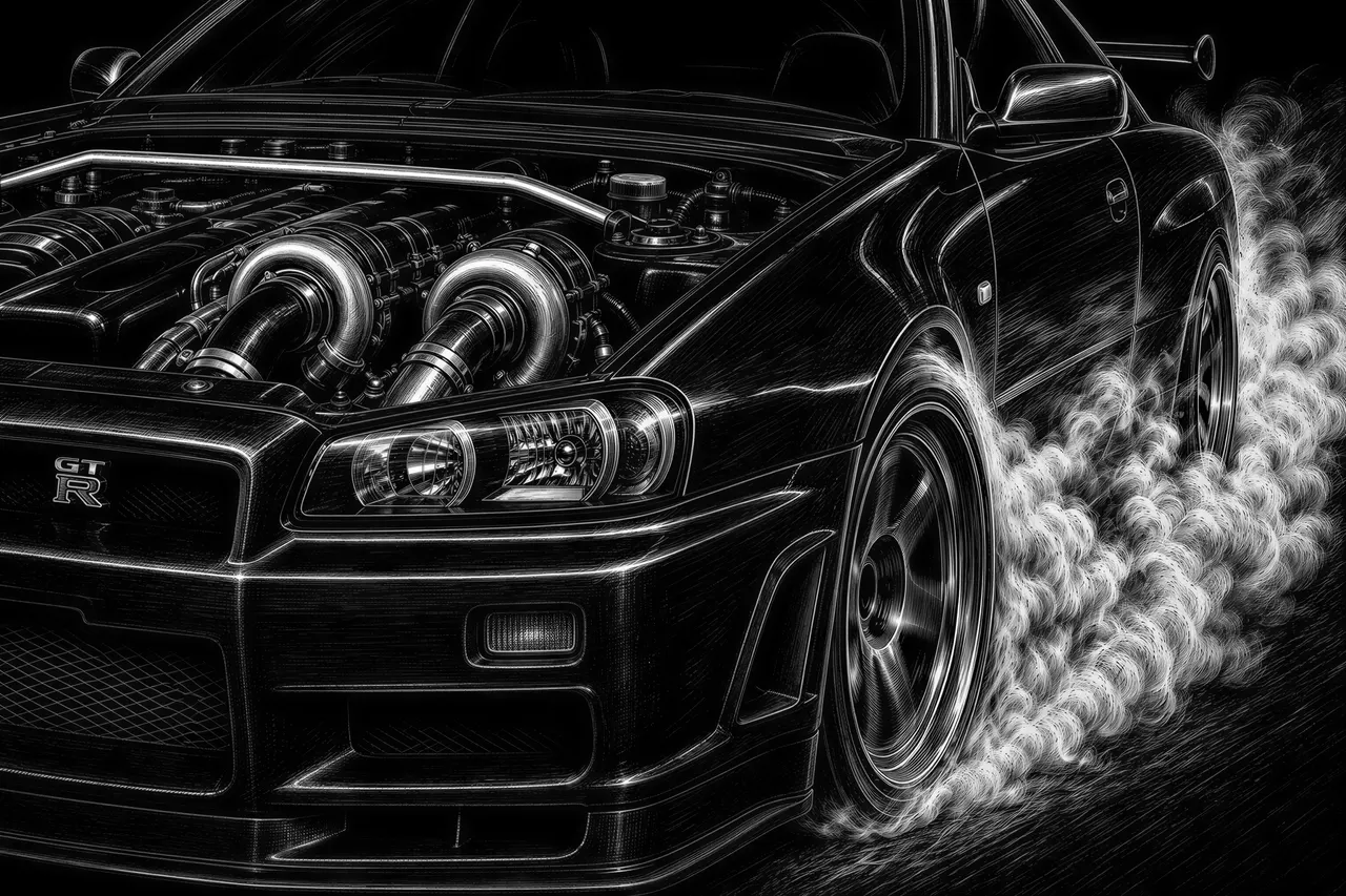 Create an up close ultra fine detail of a Nissan skyline r34 super car with dual turbo exposed from the hood burning out