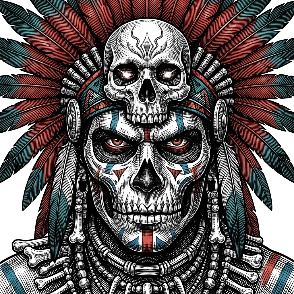 An intensely detailed close-up portrait of a powerful tribal shaman, adorned with a vibrant red and teal feathered headdress featuring a prominent skull, and intricate bone and bead jewelry. Their face is painted like a skull with glowing red eyes and striking blue and red markings. Dramatic lighting, rich textures, and a dark, atmospheric background create a mysterious, ancient, and slightly menacing mood, in a digital painting style.