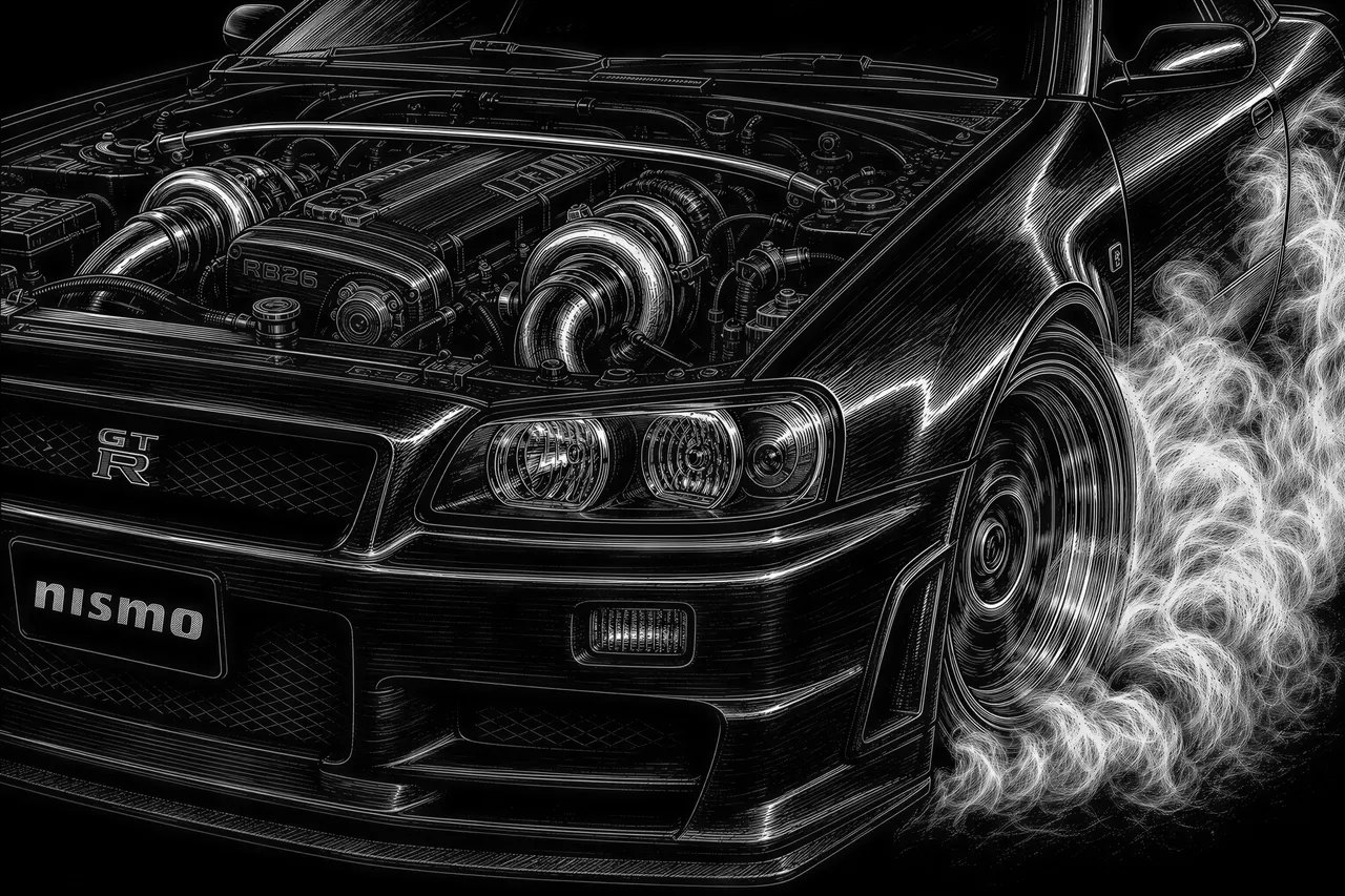 Create an up close ultra fine detail of a Nissan skyline r34 super car with dual turbo exposed from the hood burning out