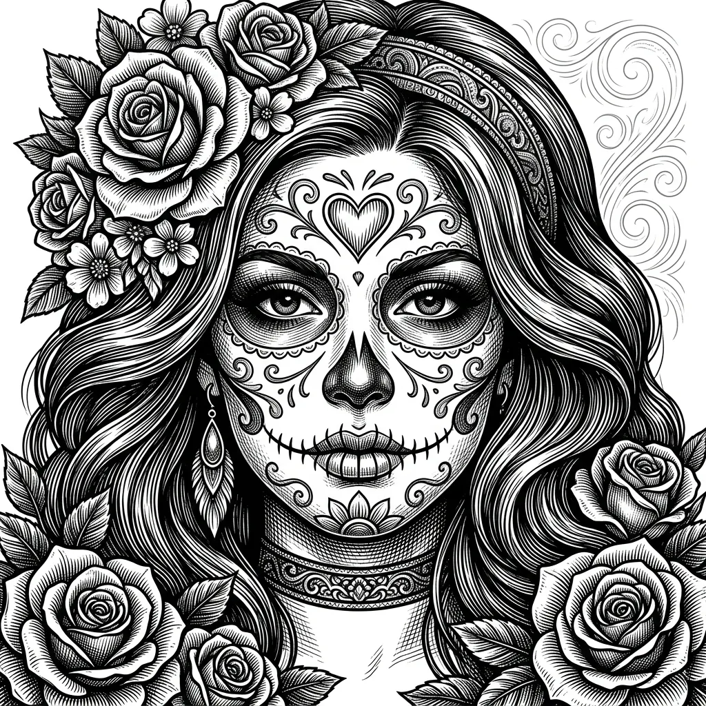 A highly detailed black and white line art illustration depicts a beautiful woman with intricate Dia de los Muertos sugar skull makeup. Her face features dark, expressive eyes with long lashes, a defined nose, and a striking stitched mouth effect. Elaborate, symmetrical patterns adorn her forehead, cheeks, and chin, including a prominent heart shape above her nose. Her long, flowing wavy hair is styled with a large, multi-layered rose arrangement on the left side of her head, and a decorative patterned headband on the right. A delicate teardrop earring with feather-like details hangs from her visible ear, and a decorative choker is visible at her neck. More detailed roses frame her lower face and shoulders. The background is clean white with subtle, elegant swirling patterns on the right. The artwork is rendered in a precise, clean line art style with subtle grayscale shading, creating depth and texture, reminiscent of a sophisticated coloring page. The composition is a close-up, eye-level portrait, capturing her direct gaze with an elegant and artistic mood.