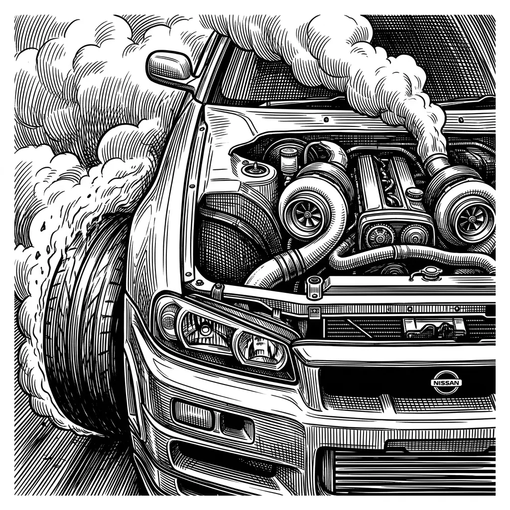 Create an up close ultra fine detail of a Nissan skyline r34 super car with dual turbo exposed from the hood burning out