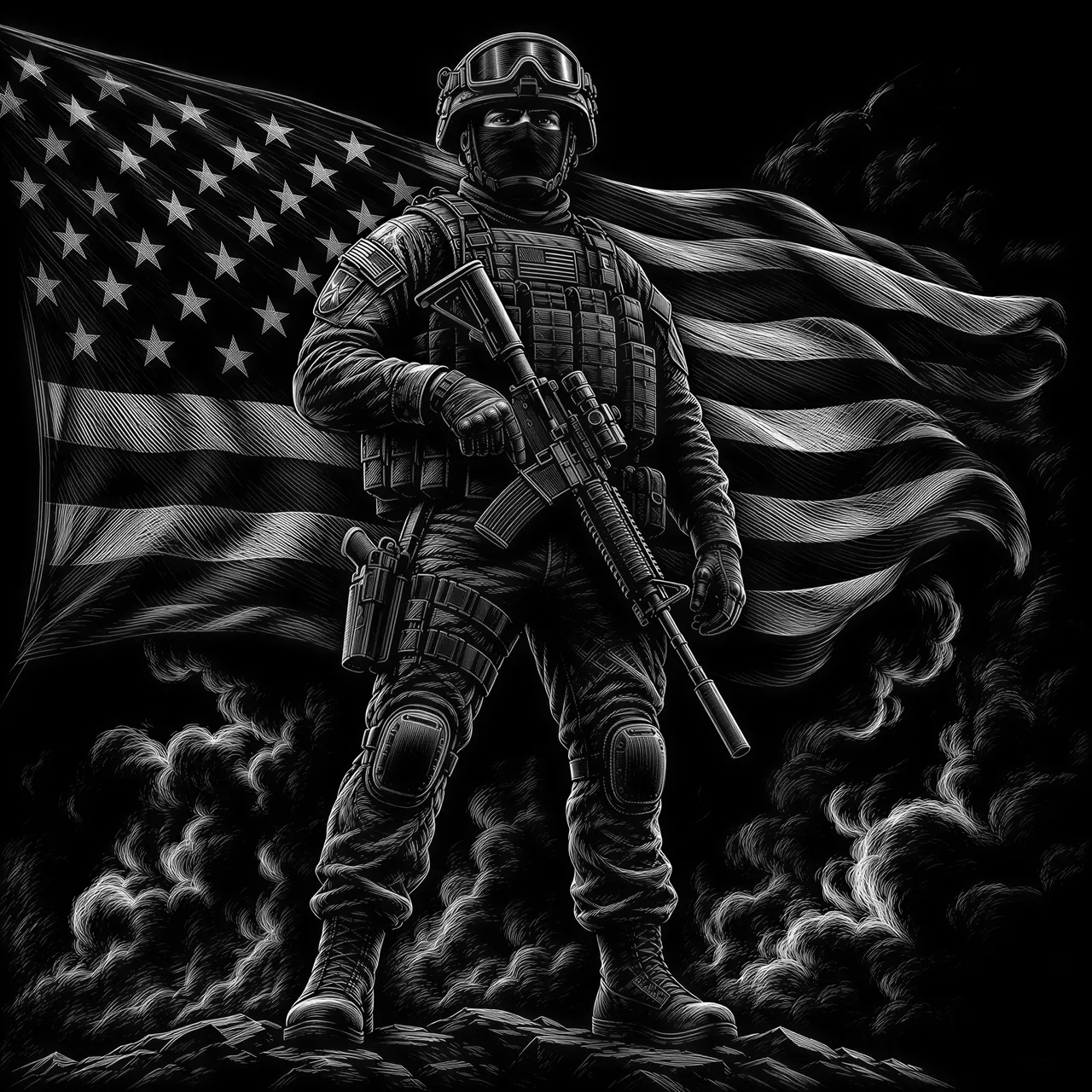 A striking black and white illustration depicts a formidable soldier standing resolutely, centered in a full-body shot from a slightly low angle. The soldier wears a modern tactical uniform, including a helmet with goggles pushed up, a dark face covering obscuring all but his eyes, and heavy tactical gear with armor plates and pouches. His gloved right hand firmly grips an assault rifle, its barrel pointing downwards, while a holstered pistol is visible on his right hip. Behind him, a large, monochromatic American flag billows, its stars prominent on the left and stripes extending across the background. The scene is enveloped in a dark, smoky atmosphere, with dramatic, high-contrast lighting casting sharp highlights on the soldier's gear and deep shadows across his form. The art style evokes a graphic novel or comic book aesthetic, emphasizing strong outlines and intricate details, creating a powerful, heroic, and somber mood.