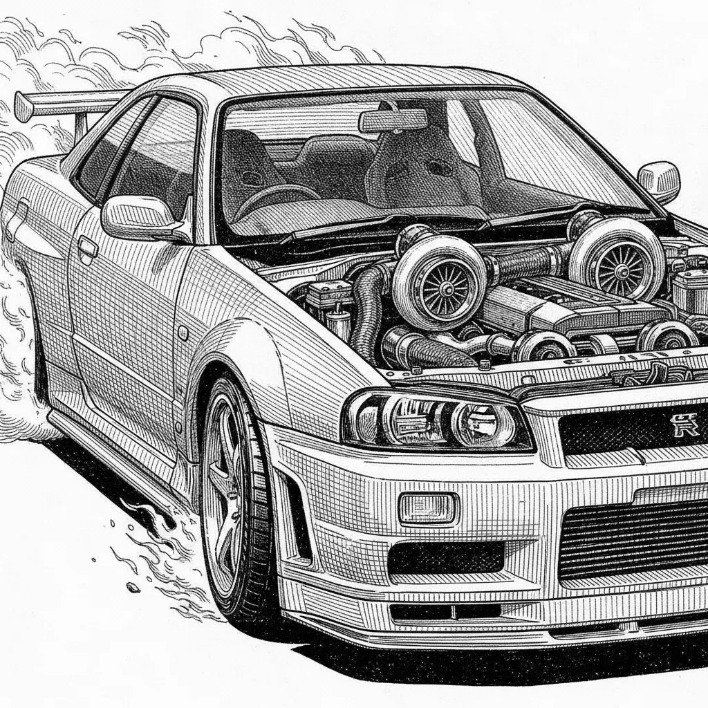 Create an up close ultra fine detail of a Nissan skyline r34 super car with dual turbo exposed from the hood burning out