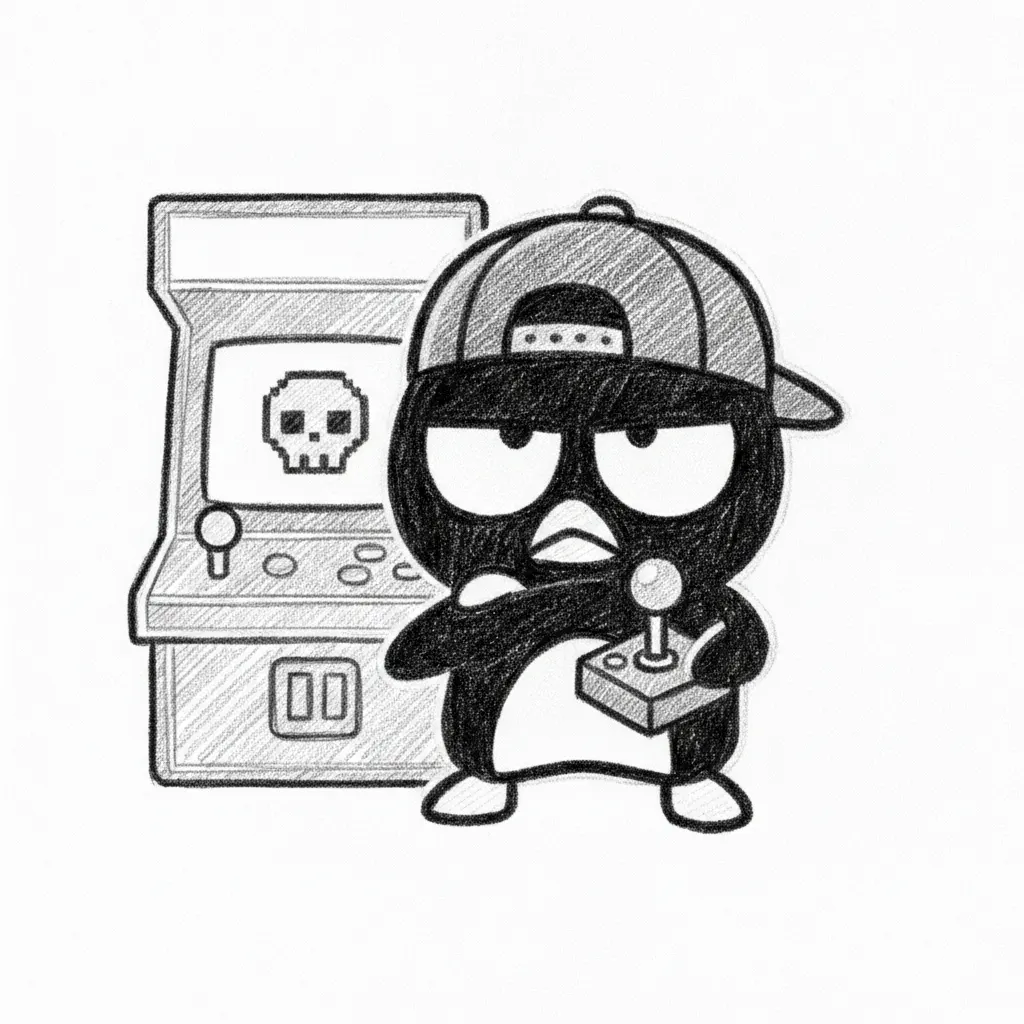 A clean vector illustration of a grumpy-cute anthropomorphic penguin character, inspired by Badtz-Maru. The character has an attitude-filled, cross-armed pose and is wearing a backwards black cap. It is positioned standing in front of a simplified, glowing neon arcade machine interface that shows a stylized pixel skull graphic. The art uses thick black outlines with aggressive block colors: deep red, black, white, and electric blue. Highly stylized and minimalist composition. Pure vector lines