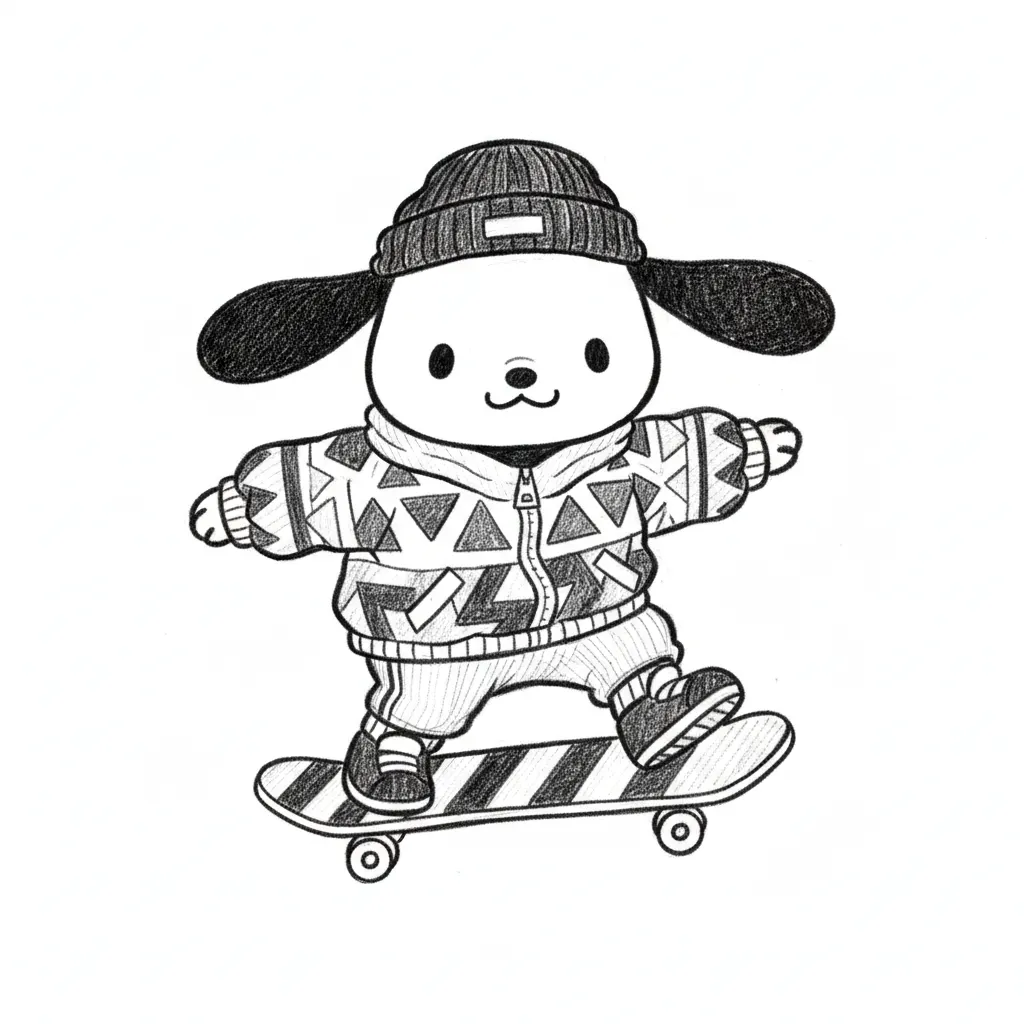 A dynamic vector illustration of a sporty Sanrio-styled dog mascot, reminiscent of Pochacco. The character is in a confident skateboarding pose on a small, neon-green skateboard. It wears a sporty backwards beanie (cobalt blue) and a slightly oversized windbreaker jacket with bold geometric '90s patterns. The character has a determined grin. The lines are thick and clean, using bold color blocks (royal blue, white, neon green).