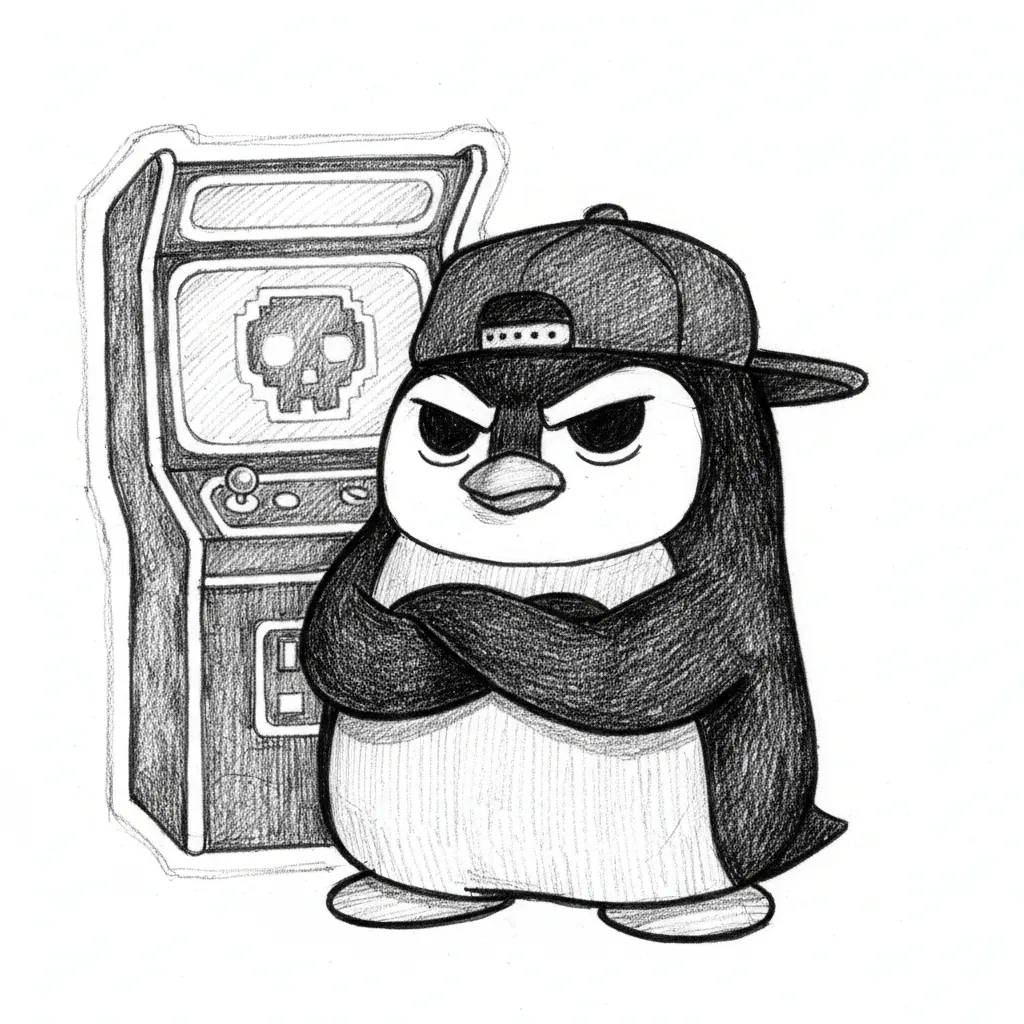 A clean vector illustration of a grumpy-cute anthropomorphic penguin character, inspired by Badtz-Maru. The character has an attitude-filled, cross-armed pose and is wearing a backwards black cap. It is positioned standing in front of a simplified, glowing neon arcade machine interface that shows a stylized pixel skull graphic.