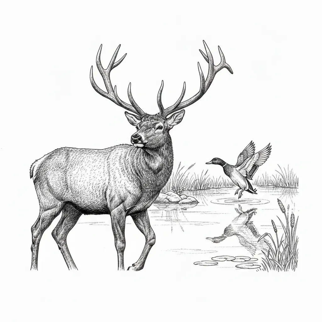 add a hyper detailed pond with a duck flying abover it to the right hand back side of the elk. the perspective of that the deer is walking away from getting a drink in the morning sunrise and the duck is flying up to meet its flock
