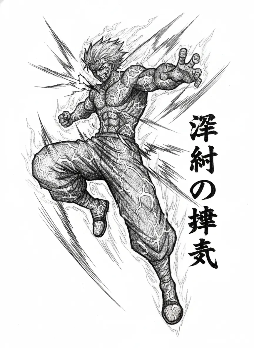 An oversized, dynamic vector silhouette of an anime protagonist in a powerful mid-air combat pose, breaking the frame. The entire figure is filled with a dense, complex mesh pattern composed of deeply etched lightning bolts, flame vectors, and a crackling crimson energy aura (as detailed line work, not solid fills). The composition flows with the motion lines. Integrated Kanji characters on the side of the action read: **深紅の覇気** (Translating to: "Crimson Willpower/Aura"). High contrast vector art for rough materials