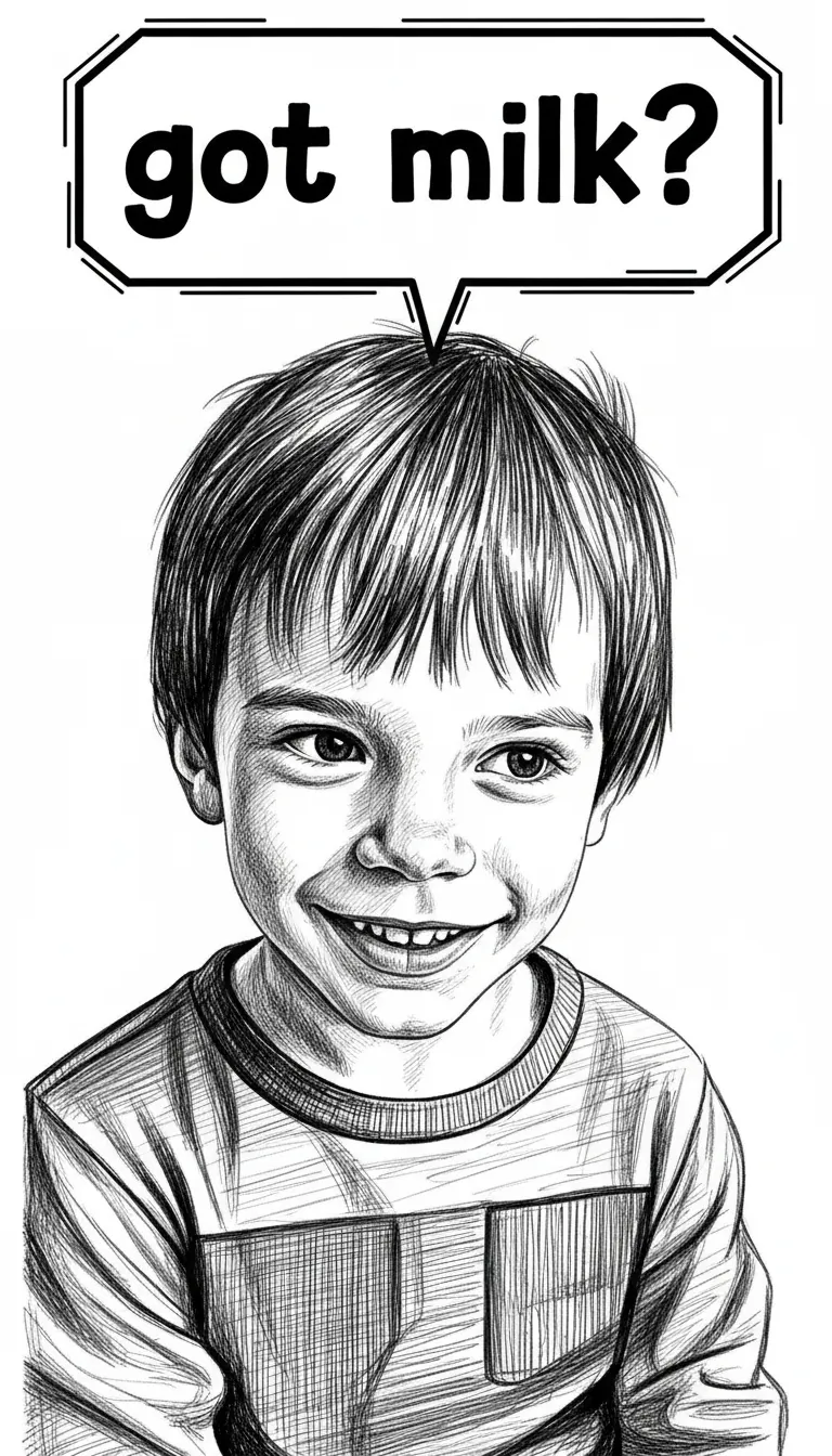 Give him text balloon with: got milk?
