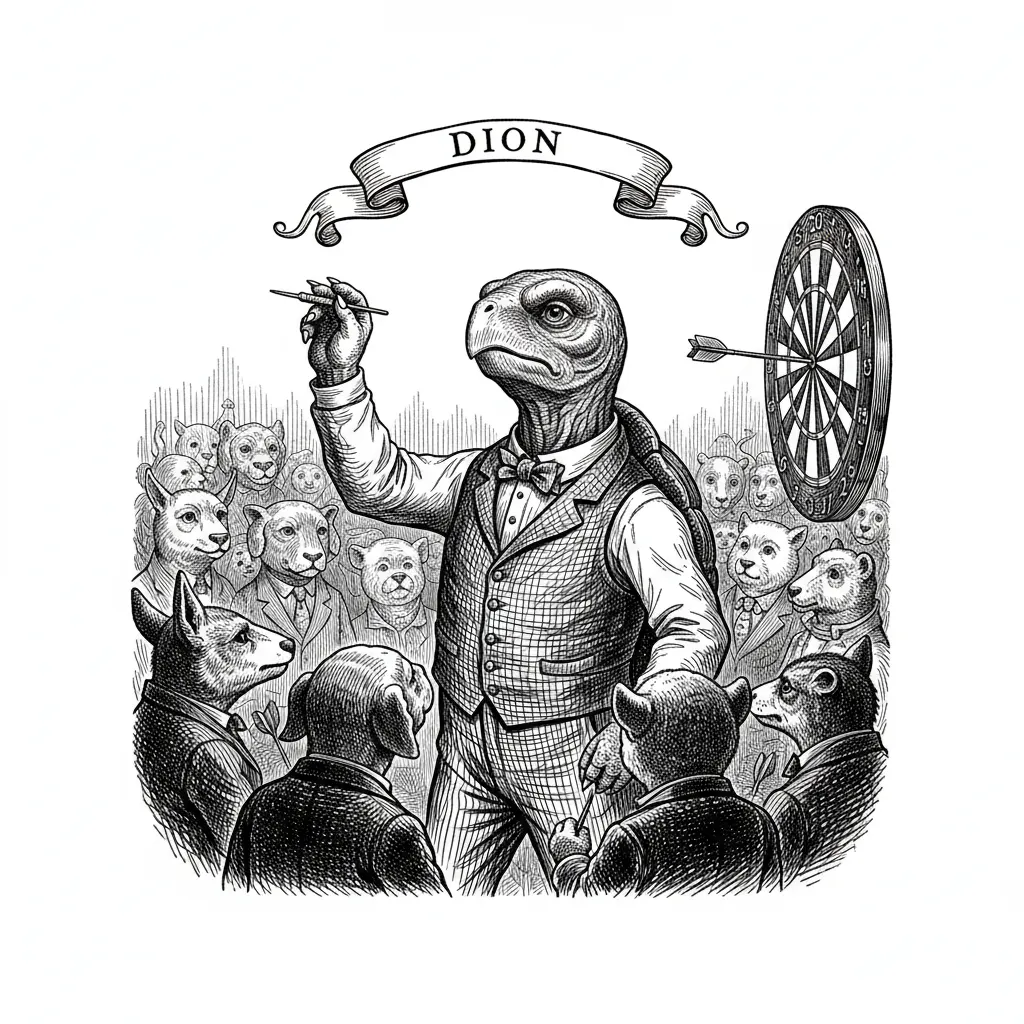 Make a turtle throwing darts at a tournament give him the name Dion