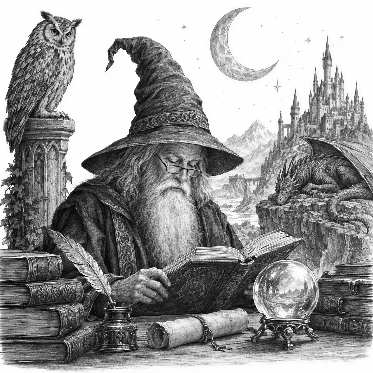 The image is a black and white sketch with a fantastical and scholarly theme. The main subject is an old wizard with a pointy and crooked wizard hat, and glasses sitting on his nose, engrossed in reading an open book. He is seated at a table laden with other books, a quill pen and inkwell, a scroll, and a crystal ball. The scene is rich in symbolic elements, suggesting themes of knowledge, magic, and fantasy. Perched on a pillar to the left of the wizard is a wise-looking owl. To the right, a fierce dragon is sleeping on a rocky outcrop overlooking another towering castle. Above, a large crescent moon hangs in a starry sky. The overall atmosphere is one of quiet contemplation, mystery, and ancient wisdom. The style is reminiscent of classical illustration or fantasy art. The pencil or ink strokes are fine and precise, creating texture and depth. The visual effects are achieved through careful rendering of light and shadow, particularly on the fabrics of the woman's robe and the textures of the various objects and creatures. The composition is balanced, with elements strategically placed to draw the viewer's eye through the scene, from the wizard and his immediate surroundings to the expansive, imaginative landscape beyond.