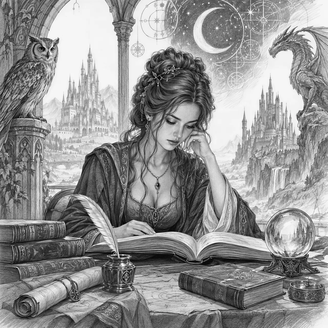 Sketch with a fantastical and scholarly theme. The main subject is a young woman with her hair elaborately styled, engrossed in reading an open book. She is seated at a table laden with other books, a quill pen and inkwell, a scroll, and a crystal ball. The scene is rich in symbolic elements, suggesting themes of knowledge, magic, and fantasy.

The background depicts a grand, intricate landscape. To the left, an arched architectural structure frames a distant, fantastical castle or city. Perched on a pillar to the left of the woman is a wise-looking owl. To the right, a fierce dragon is perched on a rocky outcrop overlooking another towering castle. Above, a large crescent moon hangs in a starry sky, accompanied by celestial charts and intricate geometric diagrams, hinting at astrology and arcane studies. The overall atmosphere is one of quiet contemplation, mystery, and ancient wisdom.

The style is highly detailed, reminiscent of classical illustration or fantasy art. The pencil or ink strokes are fine and precise, creating texture and depth. The visual effects are achieved through careful rendering of light and shadow, particularly on the fabrics of the woman's robe and the textures of the various objects and creatures. The composition is balanced, with elements strategically placed to draw the viewer's eye through the scene, from the woman and her immediate surroundings to the expansive, imaginative landscape beyond. The use of sketch lines and unfinished elements in the background adds to the artistic feel and suggests a world of imagination.