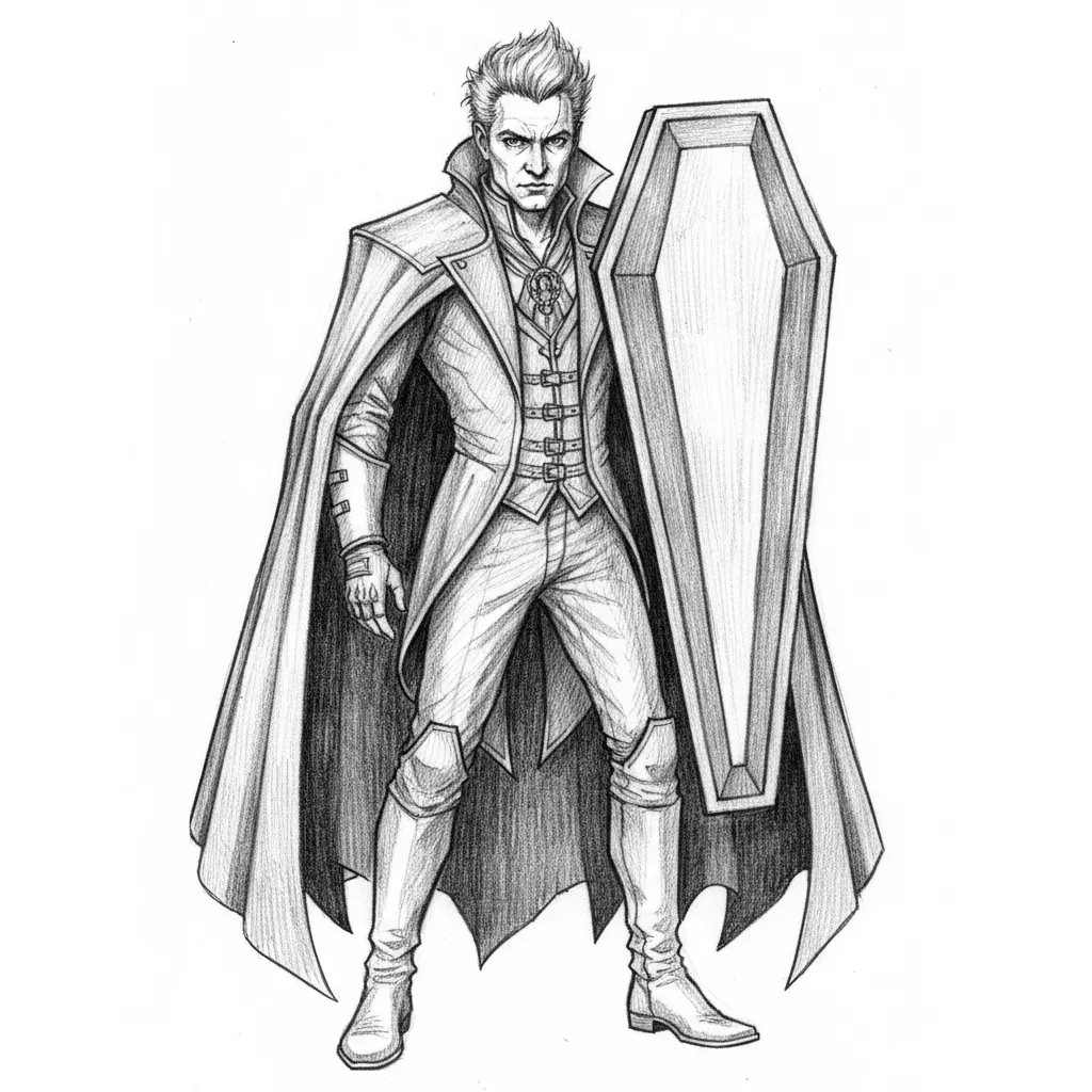 Create an image of Alan Cumming in a dramatic, gothic-inspired cloak that is coffin-inspired. It should have a dark, dagger-like silhouette. Make it a full-body work with him wearing a matching, equally gothic-inspired complete outfit.