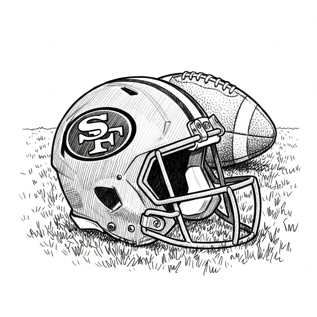 San Francisco 49ers helmet sitting on a football field with a football in the background.