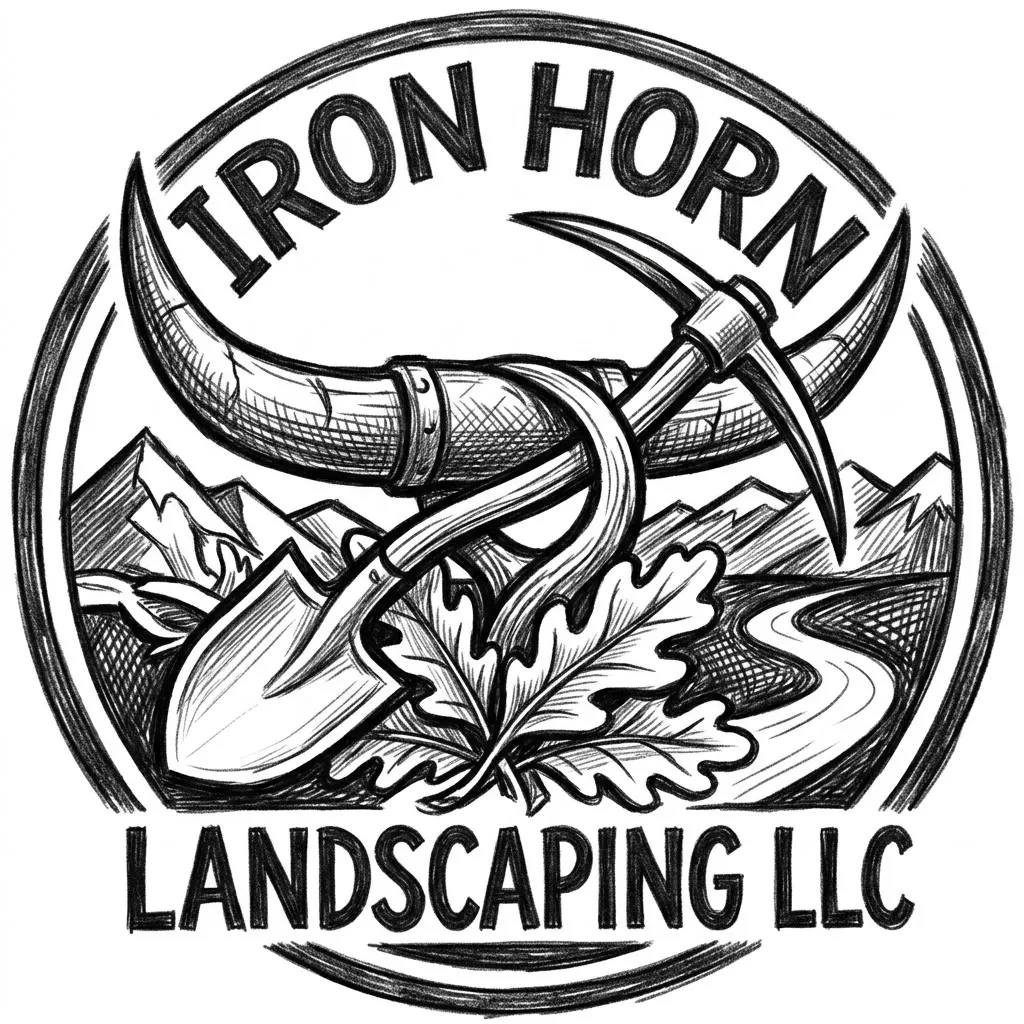 Generate a simple black and white engravable logo for Iron Horn Landscaping LLC