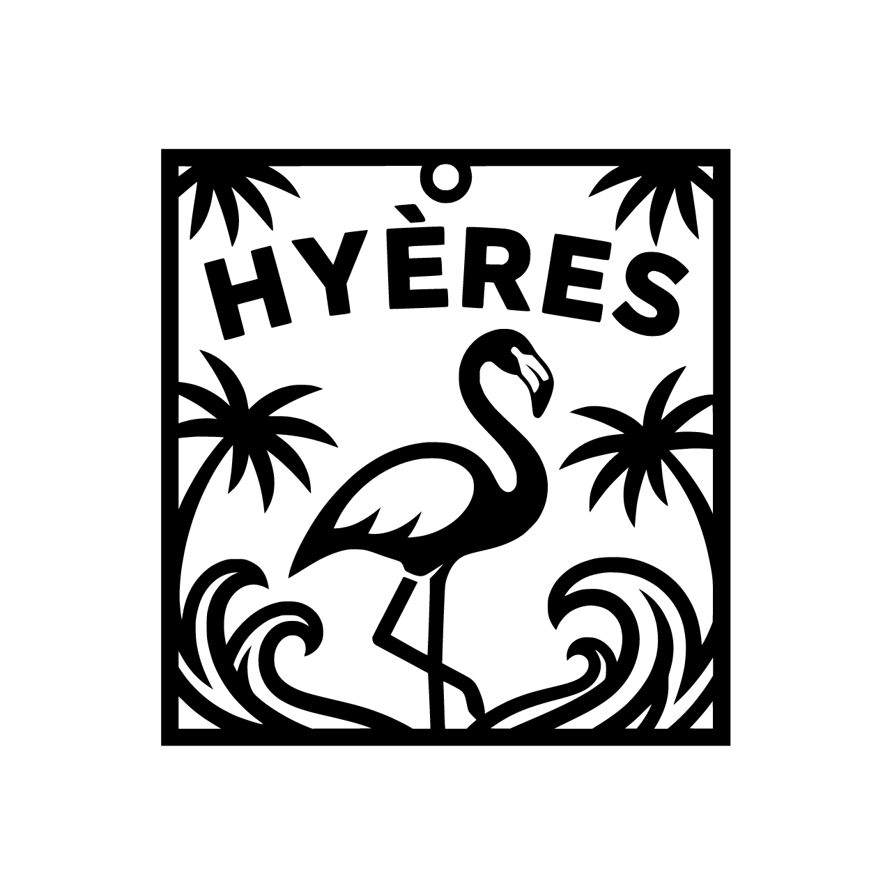 créer un design vectoriel pour un porte clé souvenir de Hyères avec un flamand rose, avec trou de porte-clé de 5 mm intégré dans la partie supérieure.