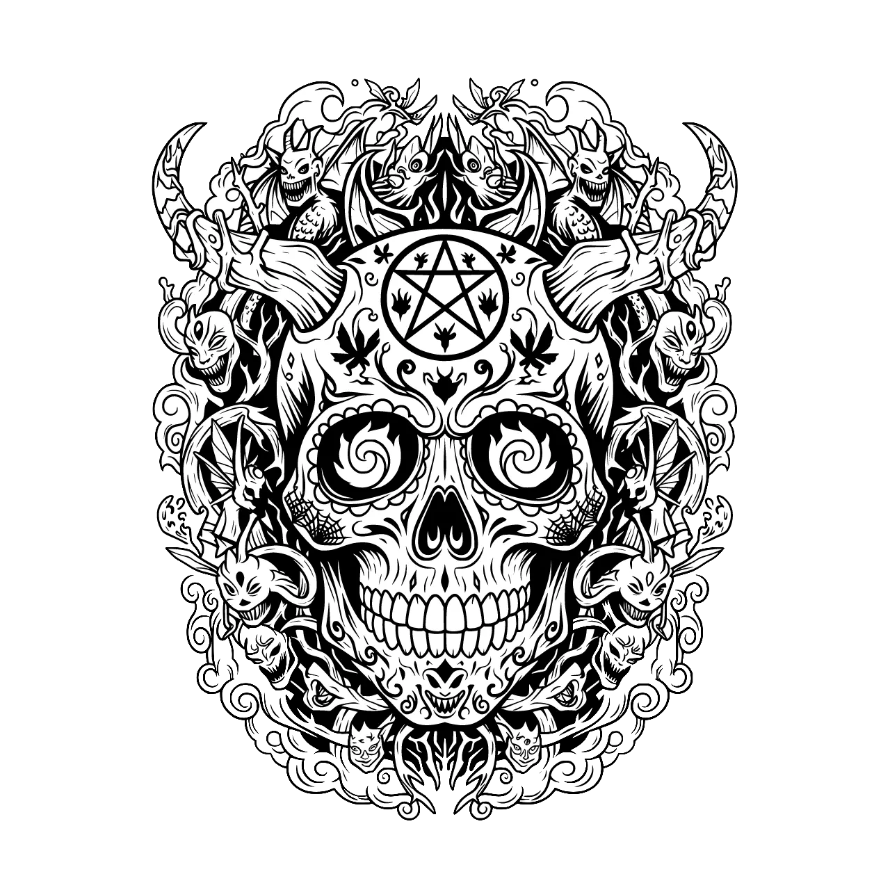 mystical sugar skull , mythologie avec beaucoup de détails, dans un style féerique démoniaque