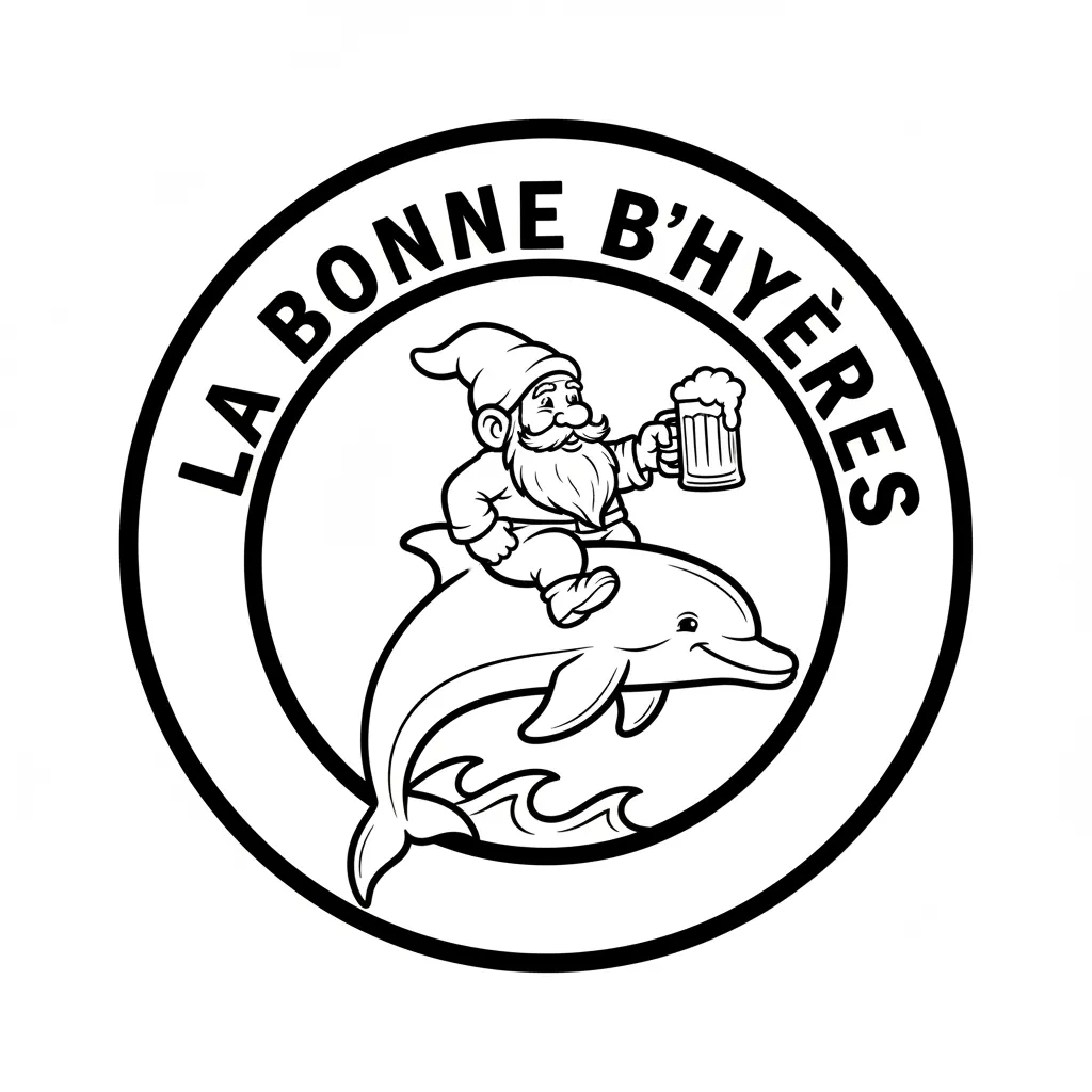 un porte clé rond, avec le nain de la chouffe assis sur un dauphin tenant une bière, marqué la bonne b'hyères