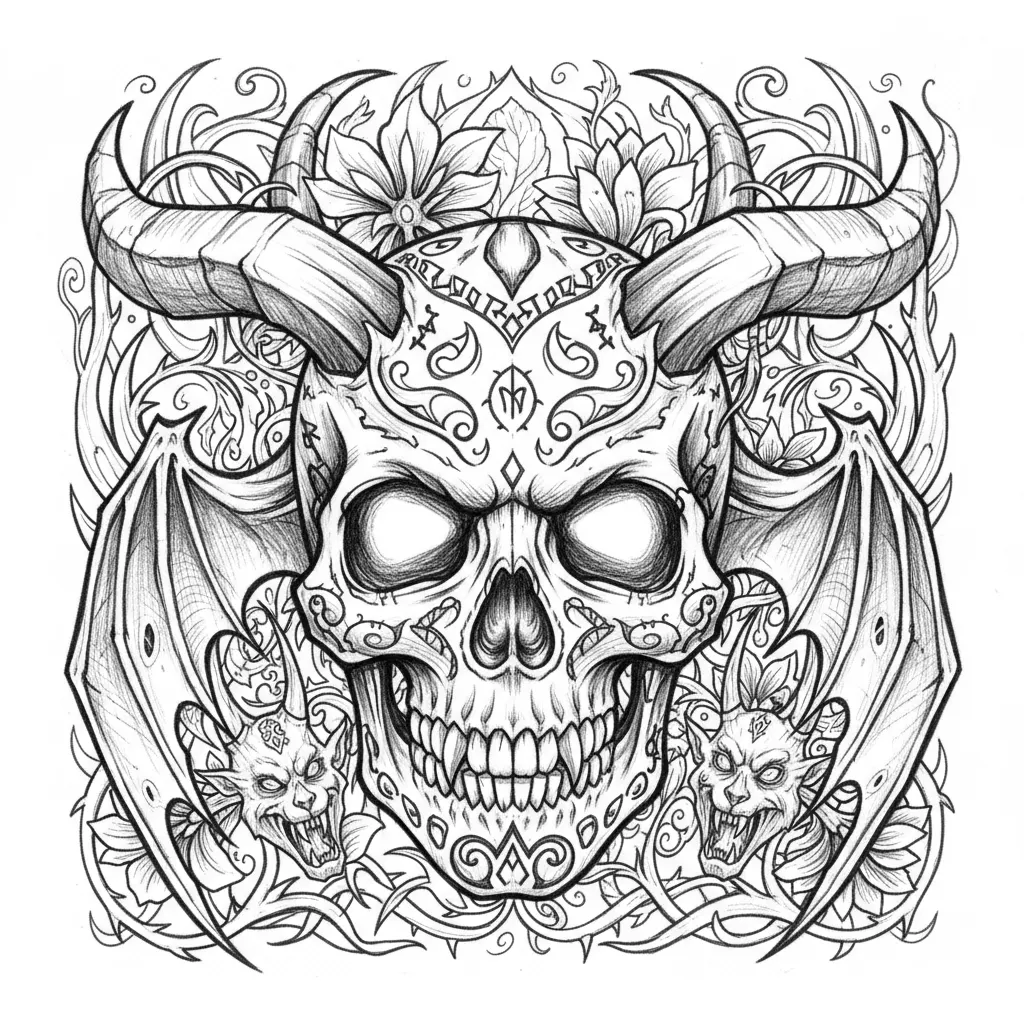 mystical sugar skull , mythologie avec beaucoup de détails, dans un style féerique démoniaque