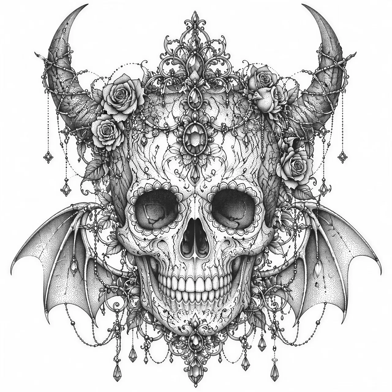mystical sugar skull , mythologie avec beaucoup de détails, dans un style féerique démoniaque