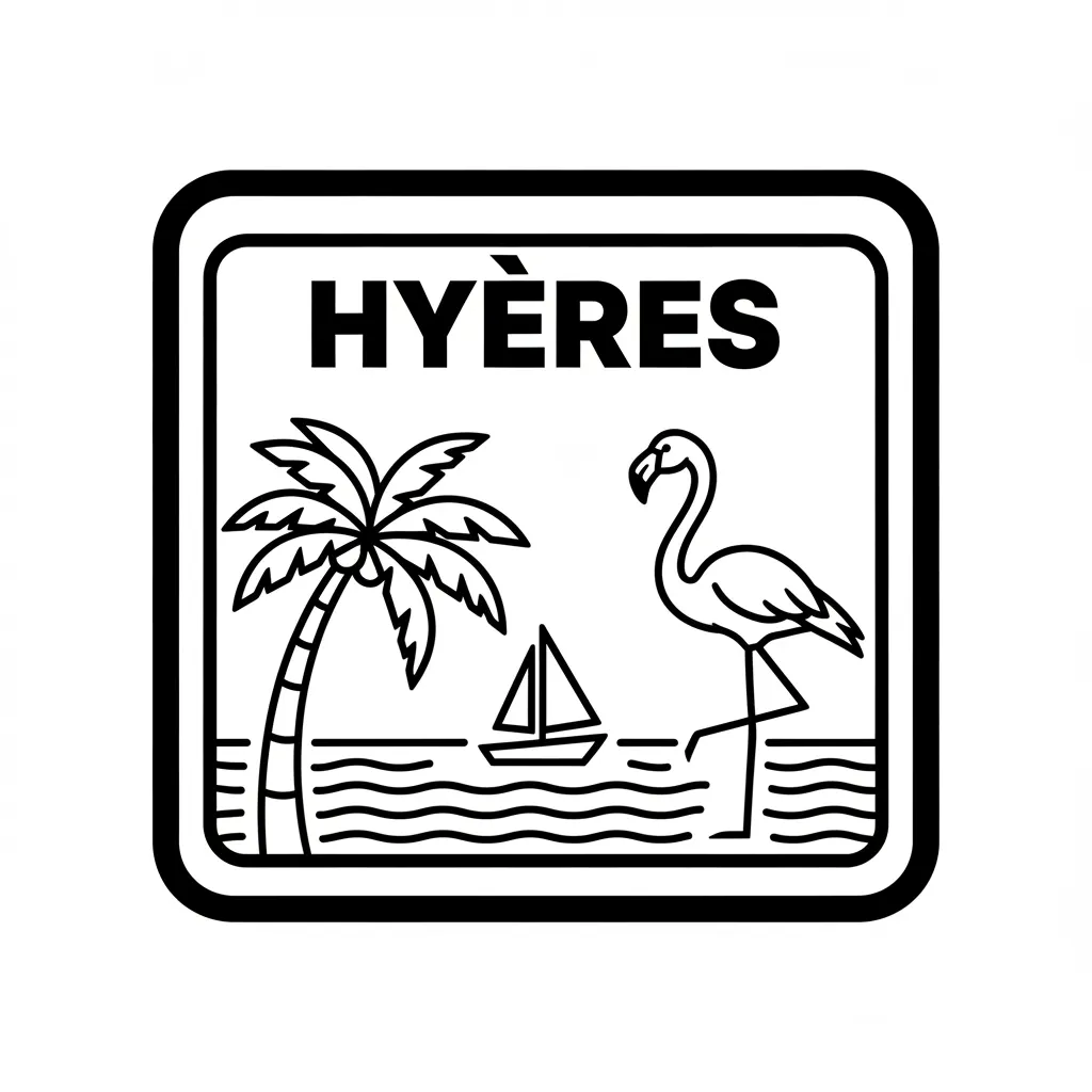 un magnet rectangulaire de hyers avec mer ,palmier , bateau, flamand rose
