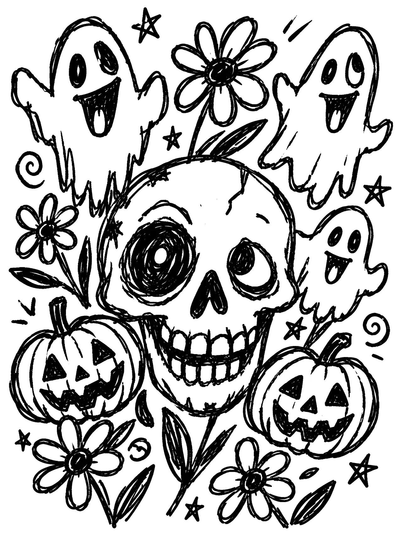 une tête de mort avec des fantômes, des citrouilles et des fleurs