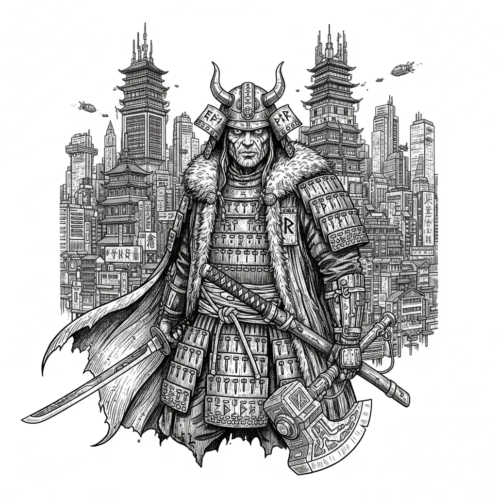 A samurai Viking in 2135 Tokyo done cyberpunk style