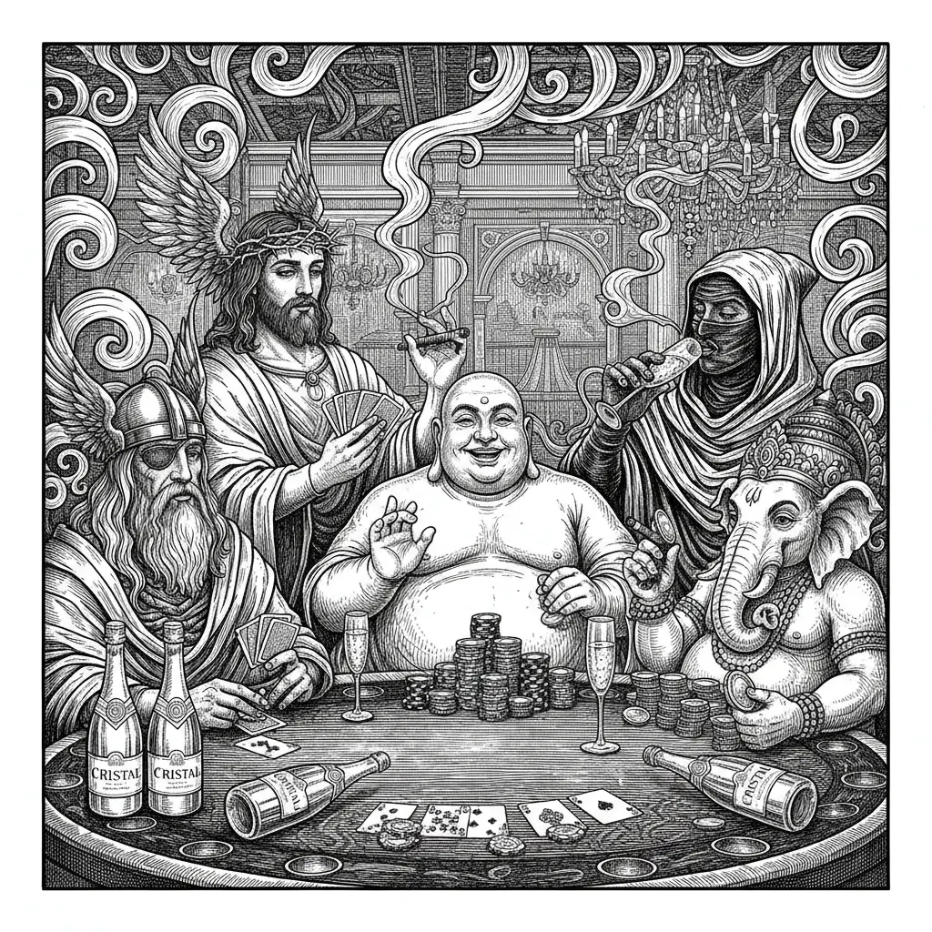 Odin, Jesus, fat Buddha, Mohammed, and the Hindu elephant God sitting around a poker table in a high end nightclub. They are smoking cigars and drinking Cristal