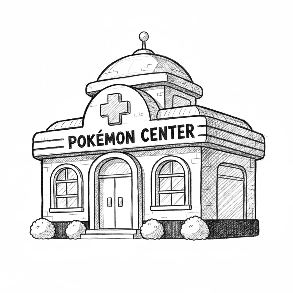 Create image Bold vector illustration of a, pokemon center—cartoon-style artwork with thick black bold outlines, , stylized shadows, modern cartoon aesthetic, dramatic highlights, retro pop-art feel, clean vector shapes, screen print ready, isolated on a bright cyan background, no color