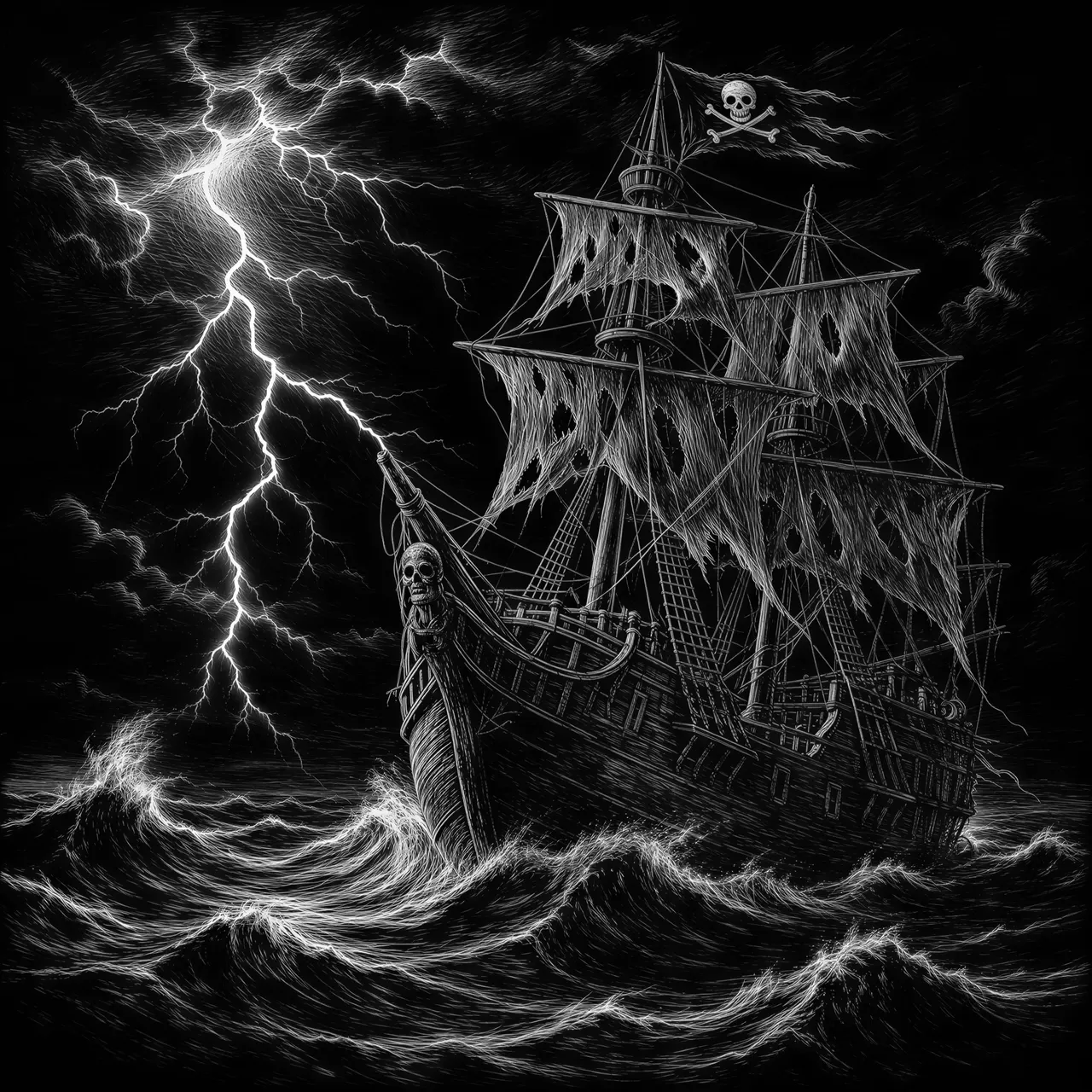 lightening streaks across the stormy ocean night sky lighting up a ghost pirate ship in the thrashing waves