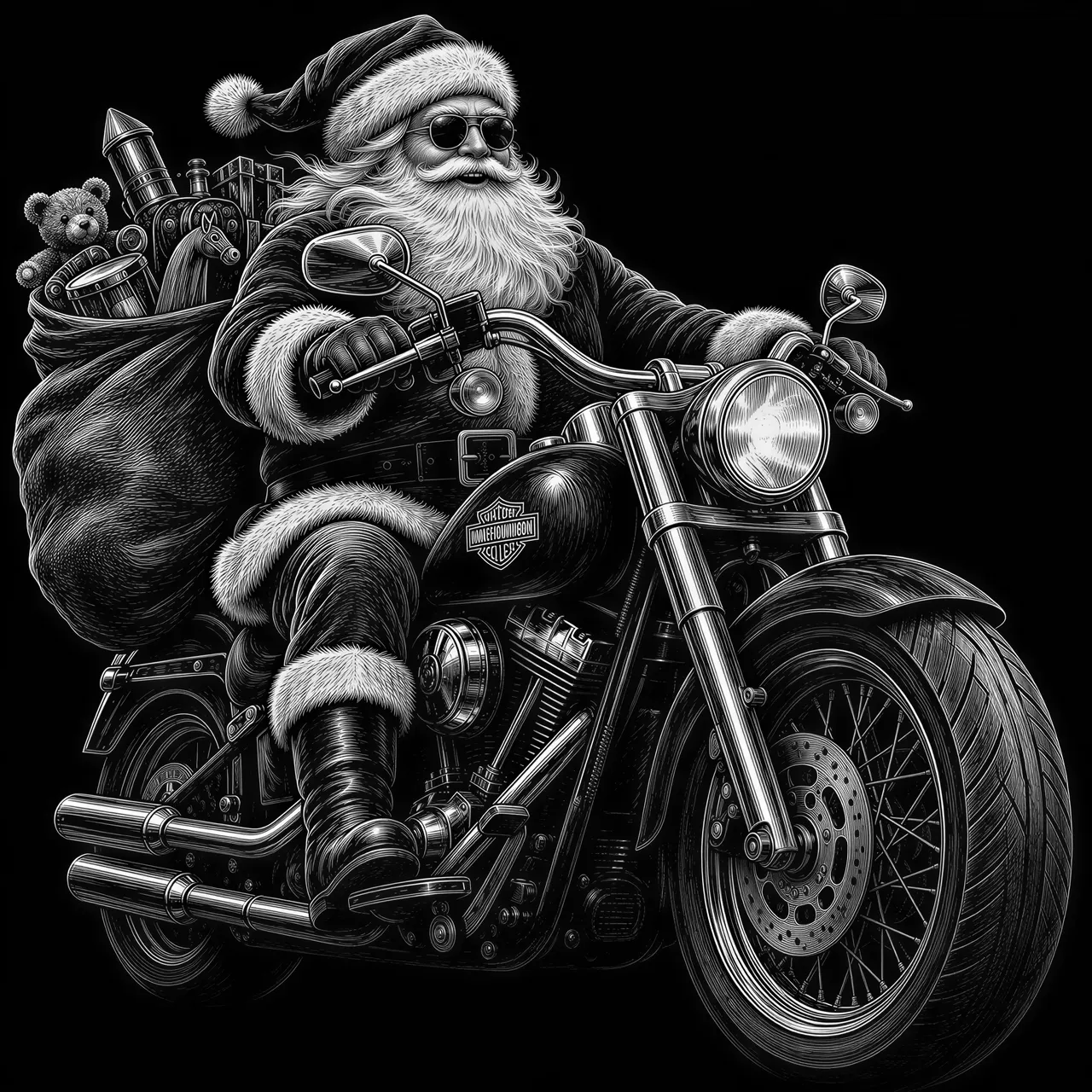 santa clause riding on a Harley Davidson motorcycle with his big bag of toys