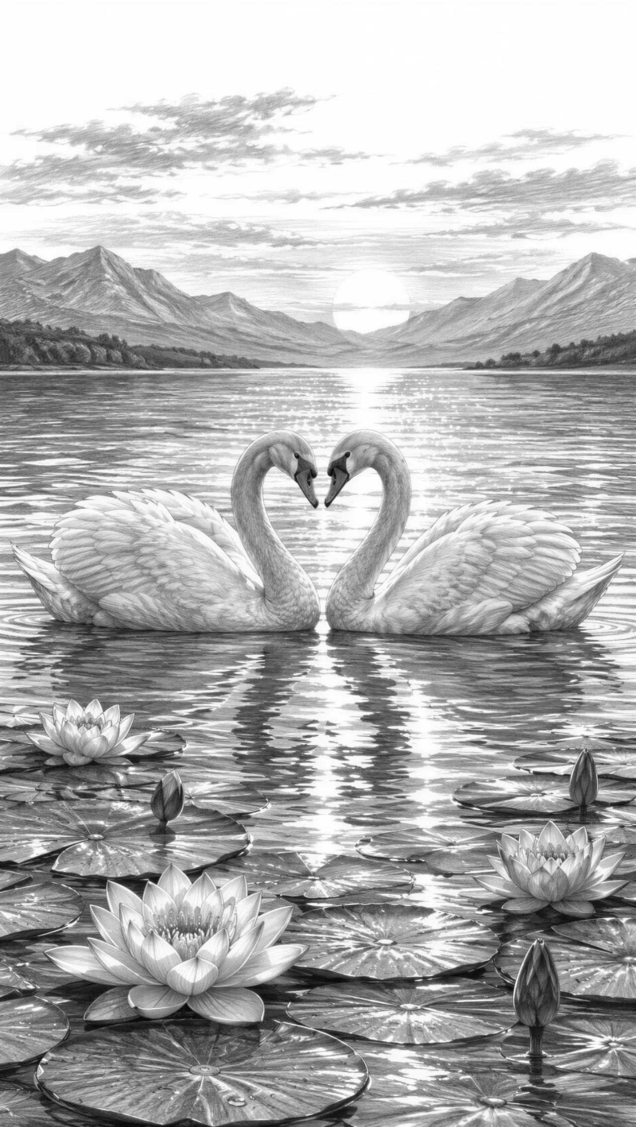 A lake with lily pads and flowers and swans with their heads together to make a heart and a sunset behind the swans with far mountains in the back i want the lake to be glistening
