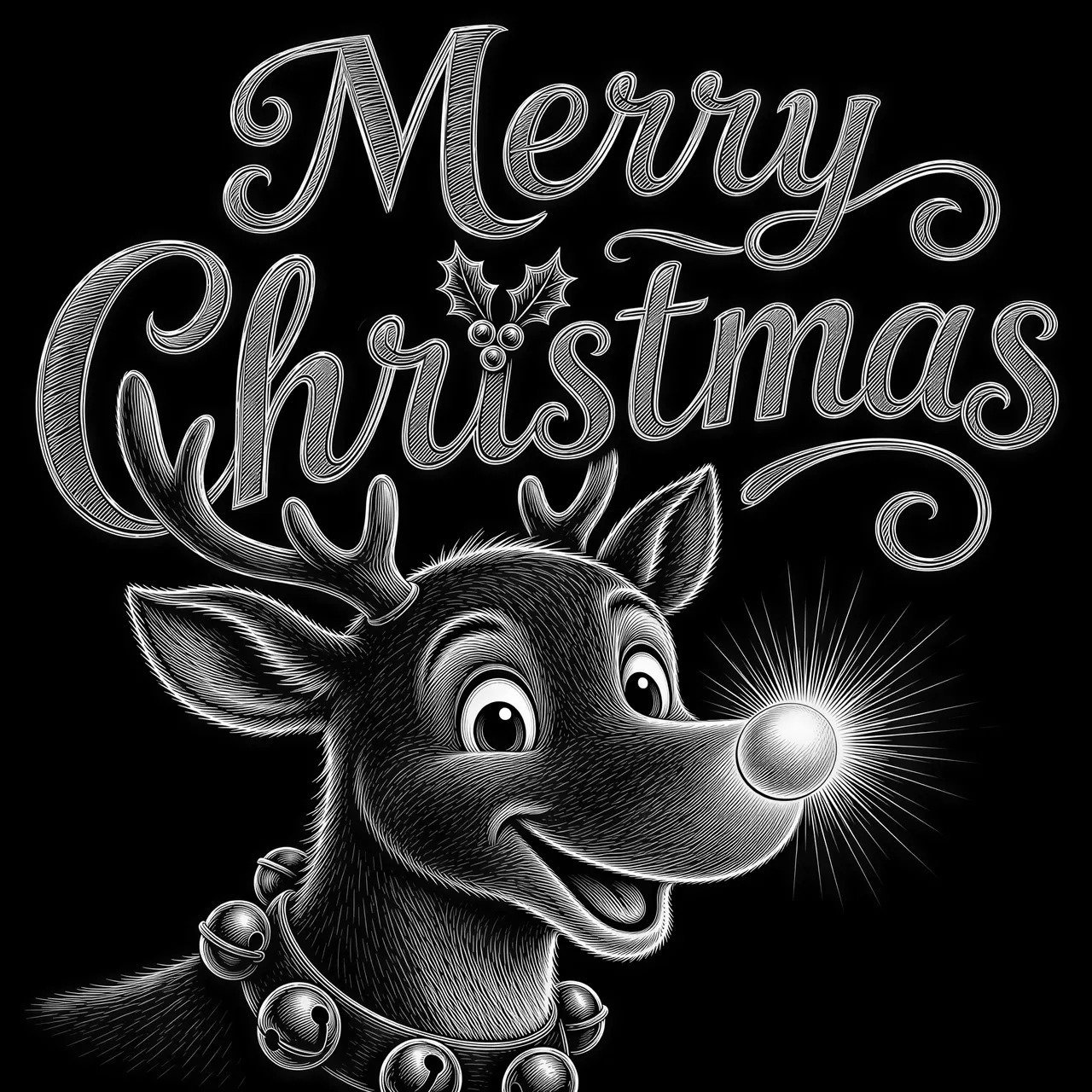 Rudolf the red nose reindeer with his nose shinning bright. Festive letters that say Merry Christmas, with merry over the top and Christmas underneath. use holly to dot the i in Christmas