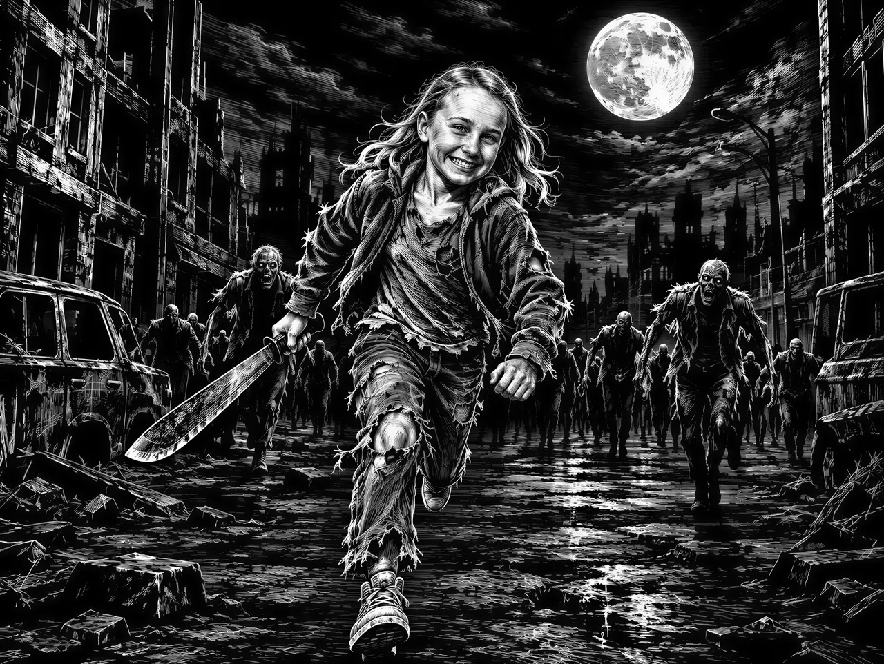 place her running toward the viewer in a post-apocalyptic setting down a city street, fleeing a horde of zombies. have her in ragged worn clothes with a machete in her hand and a full moon high above in the sky dimly lighting the street