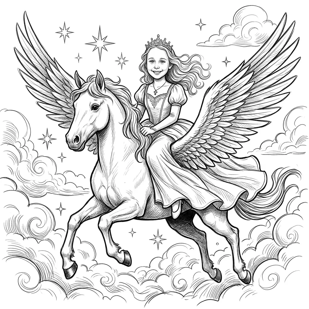 place her in as a princess riding a Pegasus through the clouds in the sky