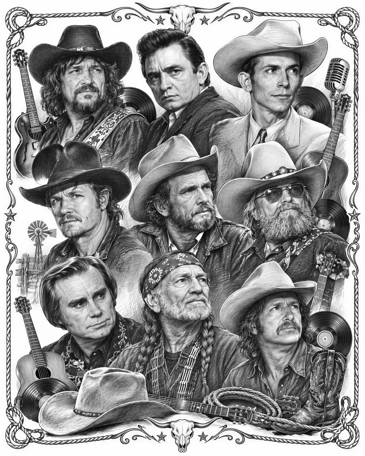 country music outlaws collage with Waylan Jennings, johnny cash, hank Williams, David Alan Cole, merle haggard, Charlie Daniels, George jones, willie nelson, cris Christopherson. mix in a few guitars, records and other country music related items into the collage. complete with a western music themed border
