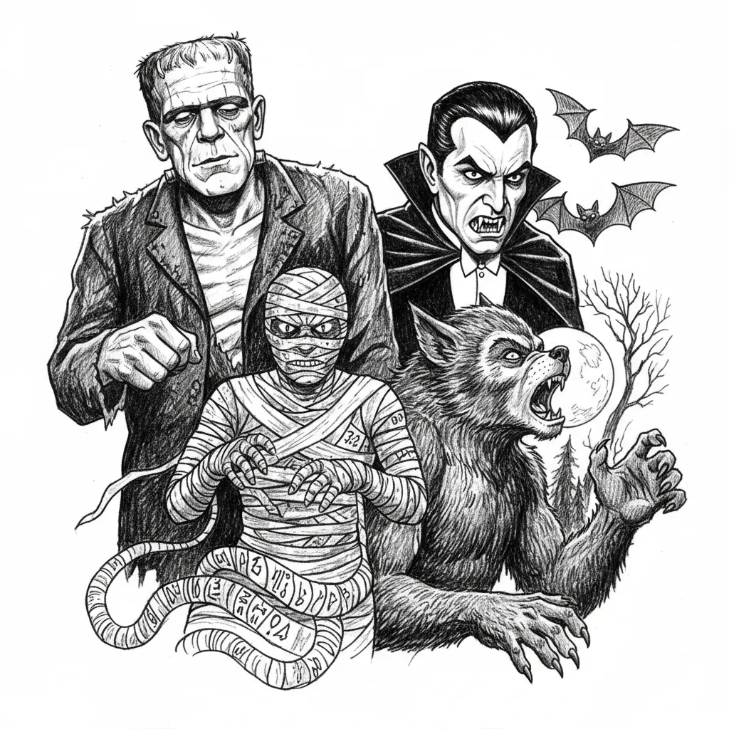 the classic universal monsters, Frankenstein, the mummy, dracula and the wolfman.