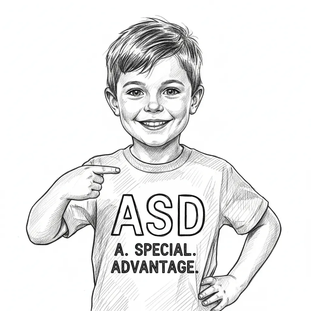 I have ASD. This means i have A.SPECIAL.ADVANTAGE. This is to be spoken by a young boy with a smile on his face. The young boy is wearing a t-shirt with ASD on the front.